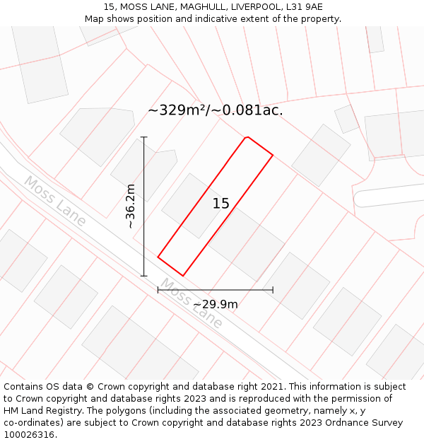 15, MOSS LANE, MAGHULL, LIVERPOOL, L31 9AE: Plot and title map