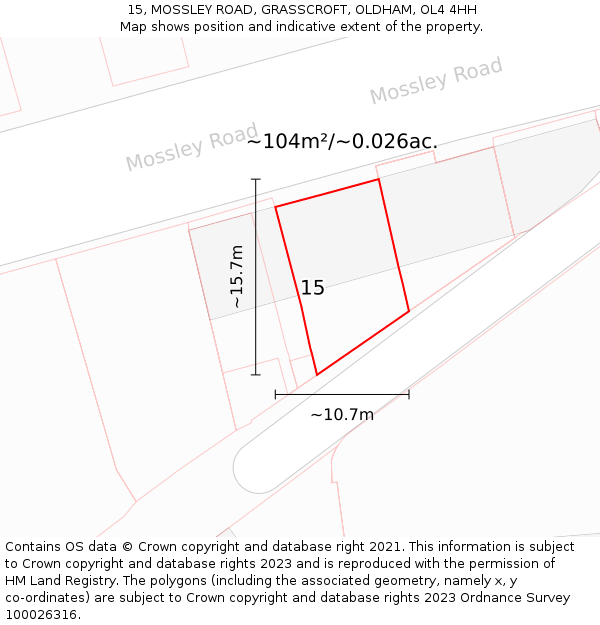 15, MOSSLEY ROAD, GRASSCROFT, OLDHAM, OL4 4HH: Plot and title map