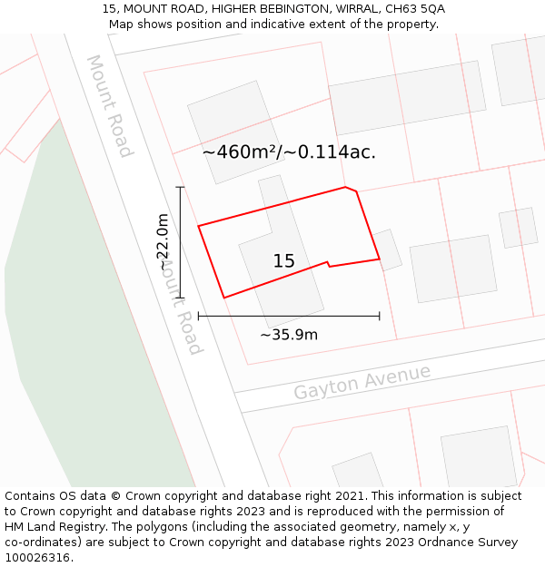 15, MOUNT ROAD, HIGHER BEBINGTON, WIRRAL, CH63 5QA: Plot and title map