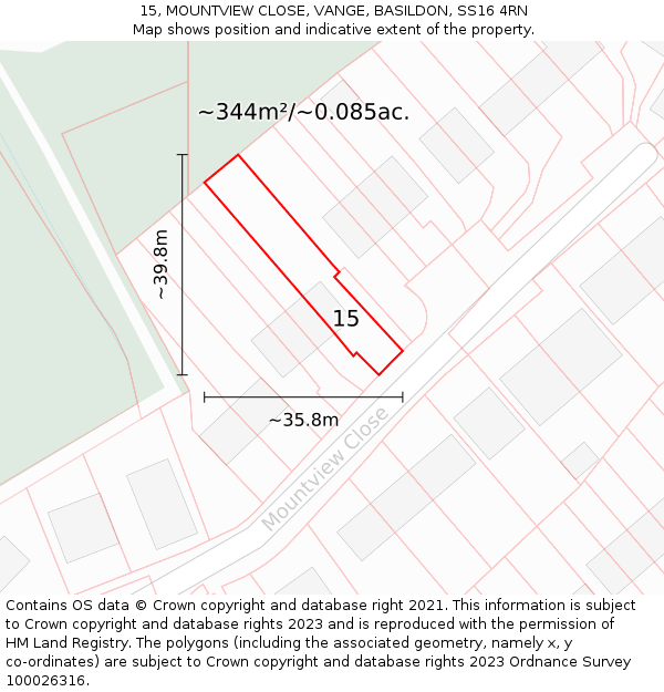15, MOUNTVIEW CLOSE, VANGE, BASILDON, SS16 4RN: Plot and title map