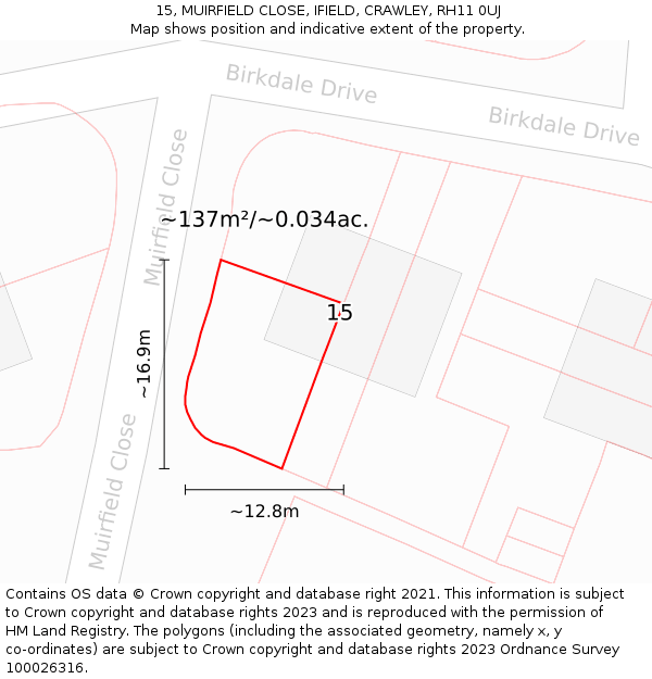 15, MUIRFIELD CLOSE, IFIELD, CRAWLEY, RH11 0UJ: Plot and title map