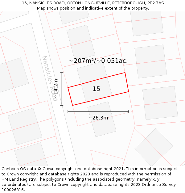 15, NANSICLES ROAD, ORTON LONGUEVILLE, PETERBOROUGH, PE2 7AS: Plot and title map