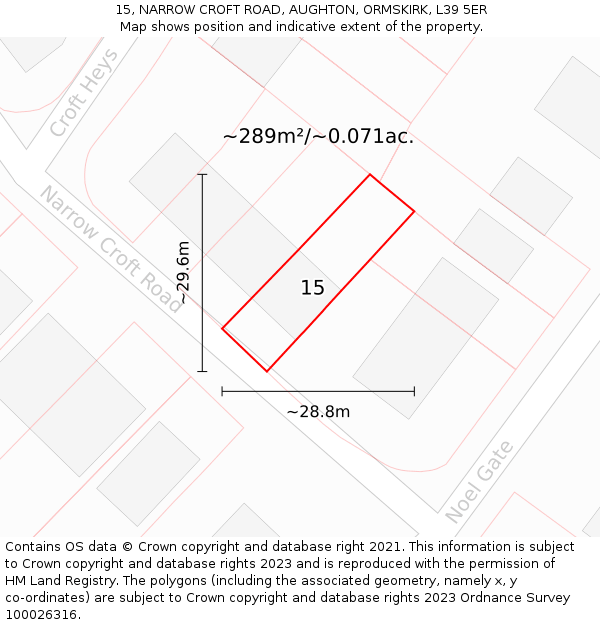 15, NARROW CROFT ROAD, AUGHTON, ORMSKIRK, L39 5ER: Plot and title map