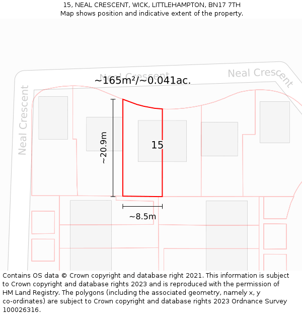 15, NEAL CRESCENT, WICK, LITTLEHAMPTON, BN17 7TH: Plot and title map