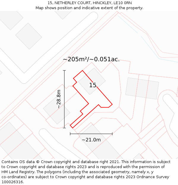 15, NETHERLEY COURT, HINCKLEY, LE10 0RN: Plot and title map