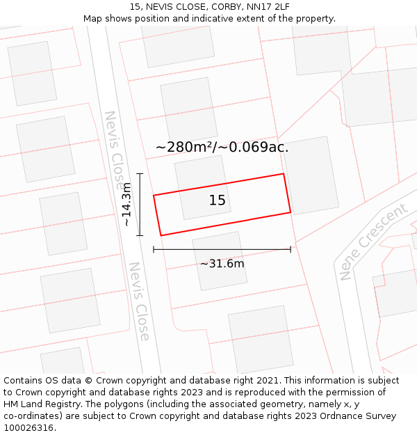 15, NEVIS CLOSE, CORBY, NN17 2LF: Plot and title map