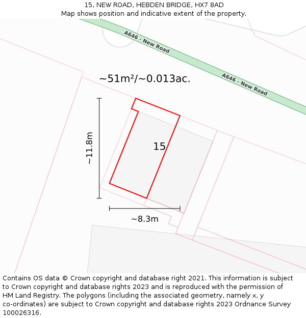 15, NEW ROAD, HEBDEN BRIDGE, HX7 8AD: Plot and title map