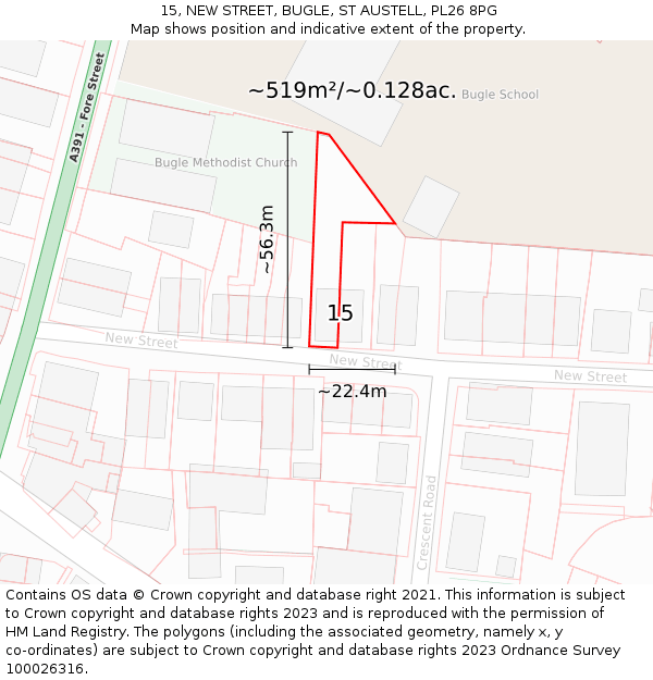 15, NEW STREET, BUGLE, ST AUSTELL, PL26 8PG: Plot and title map