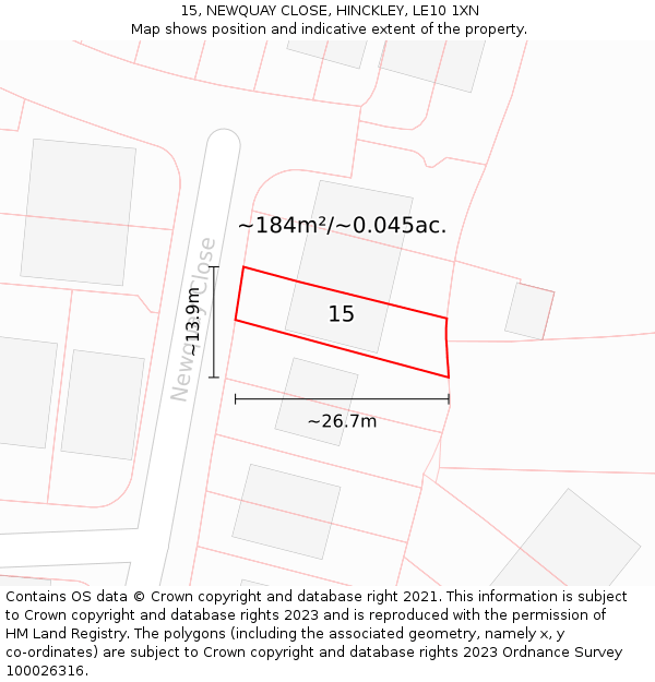 15, NEWQUAY CLOSE, HINCKLEY, LE10 1XN: Plot and title map