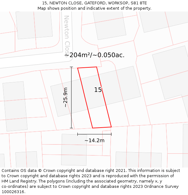 15, NEWTON CLOSE, GATEFORD, WORKSOP, S81 8TE: Plot and title map