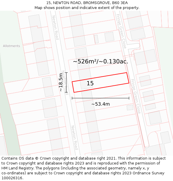 15, NEWTON ROAD, BROMSGROVE, B60 3EA: Plot and title map