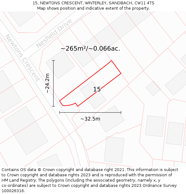 15, NEWTONS CRESCENT, WINTERLEY, SANDBACH, CW11 4TS: Plot and title map