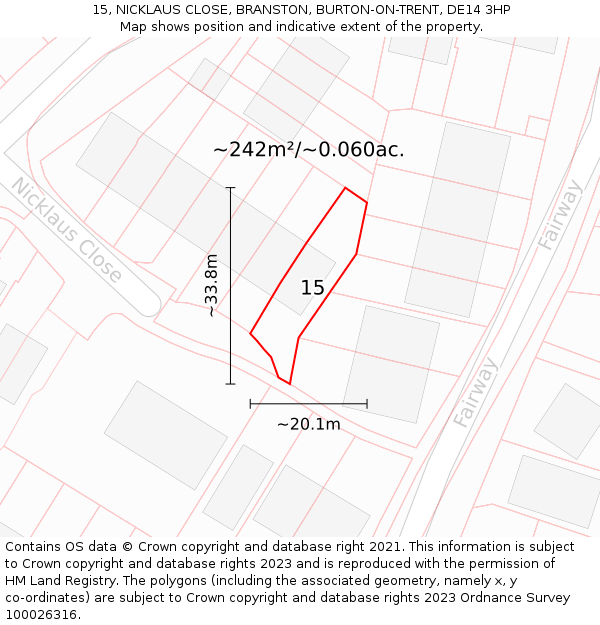 15, NICKLAUS CLOSE, BRANSTON, BURTON-ON-TRENT, DE14 3HP: Plot and title map