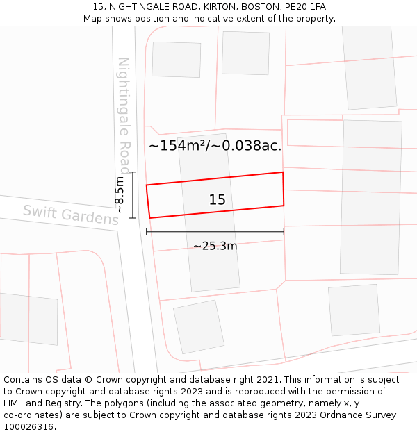 15, NIGHTINGALE ROAD, KIRTON, BOSTON, PE20 1FA: Plot and title map