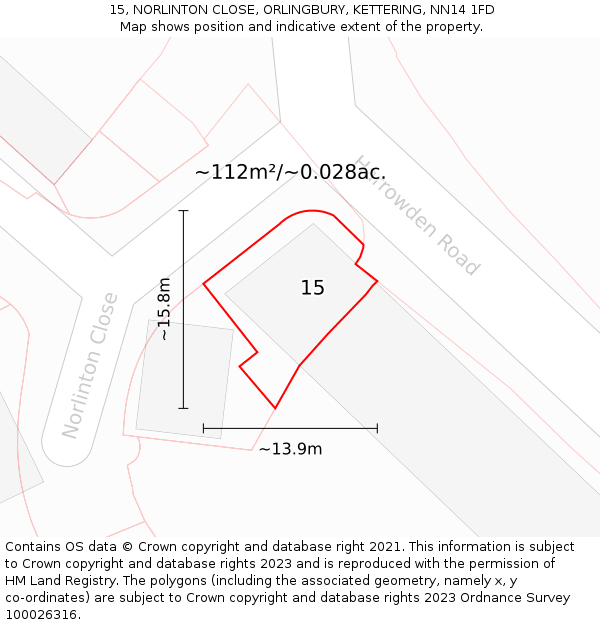 15, NORLINTON CLOSE, ORLINGBURY, KETTERING, NN14 1FD: Plot and title map
