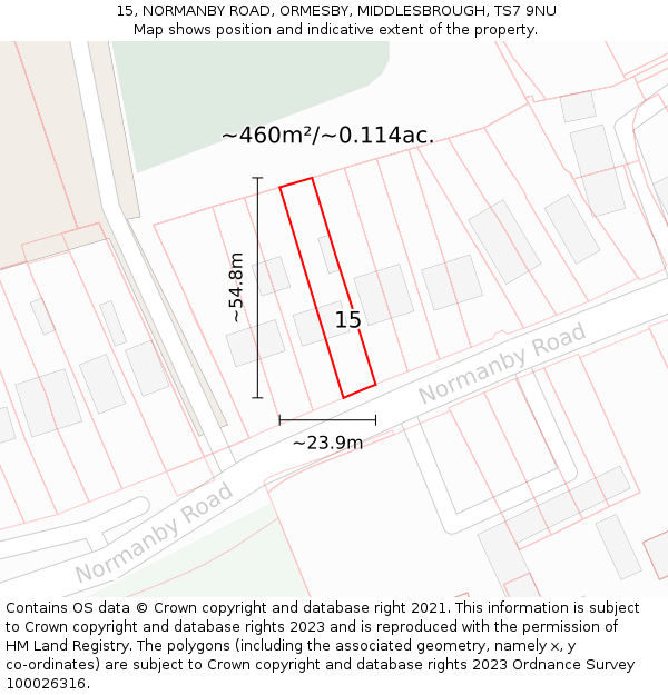 15, NORMANBY ROAD, ORMESBY, MIDDLESBROUGH, TS7 9NU: Plot and title map