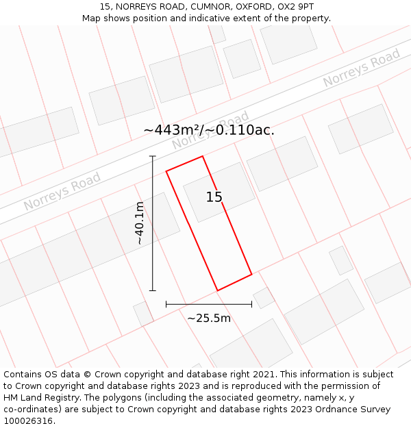15, NORREYS ROAD, CUMNOR, OXFORD, OX2 9PT: Plot and title map