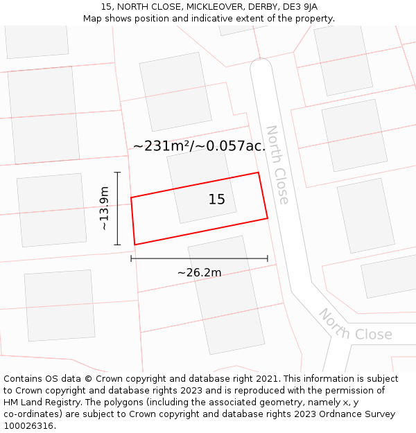 15, NORTH CLOSE, MICKLEOVER, DERBY, DE3 9JA: Plot and title map