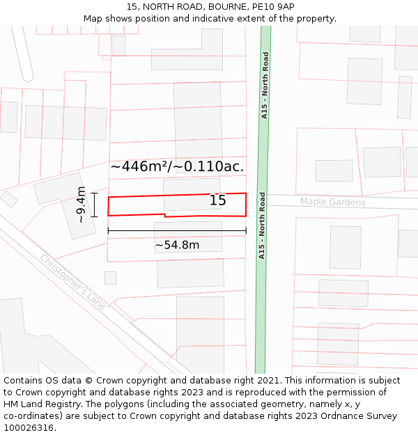 15, NORTH ROAD, BOURNE, PE10 9AP: Plot and title map