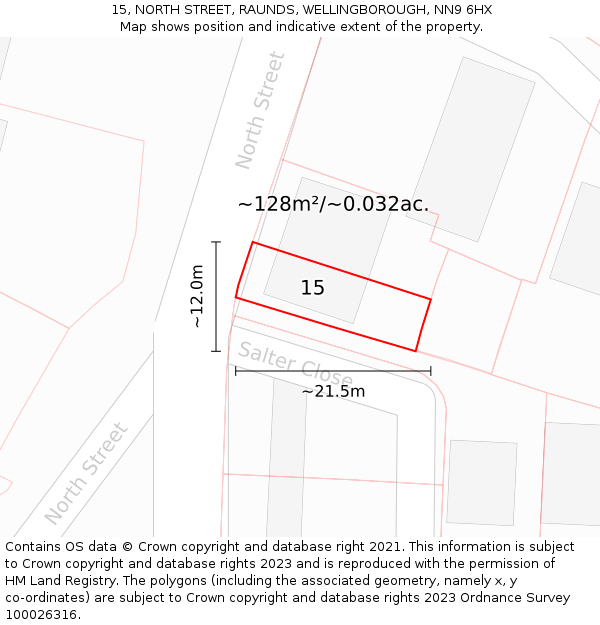 15, NORTH STREET, RAUNDS, WELLINGBOROUGH, NN9 6HX: Plot and title map
