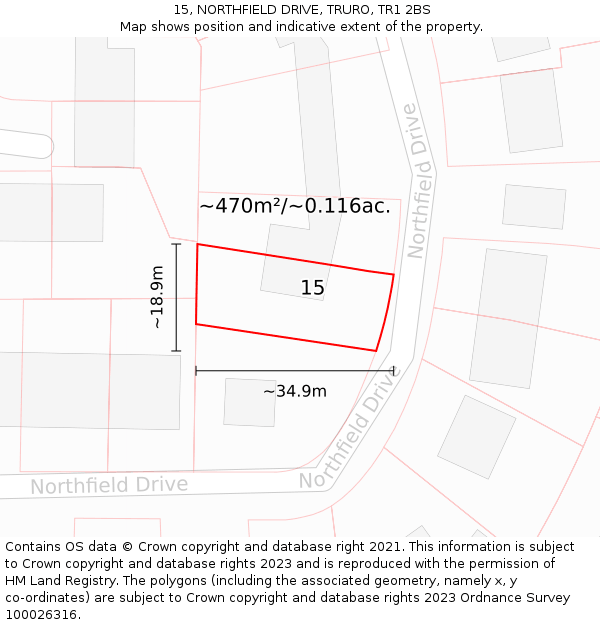 15, NORTHFIELD DRIVE, TRURO, TR1 2BS: Plot and title map