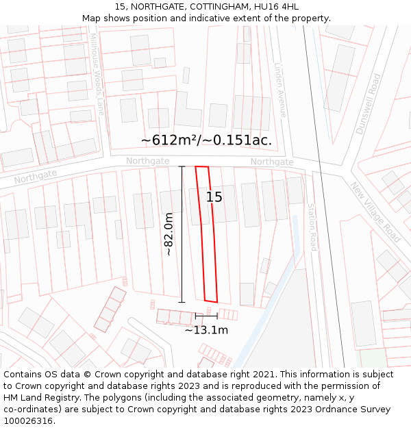 15, NORTHGATE, COTTINGHAM, HU16 4HL: Plot and title map
