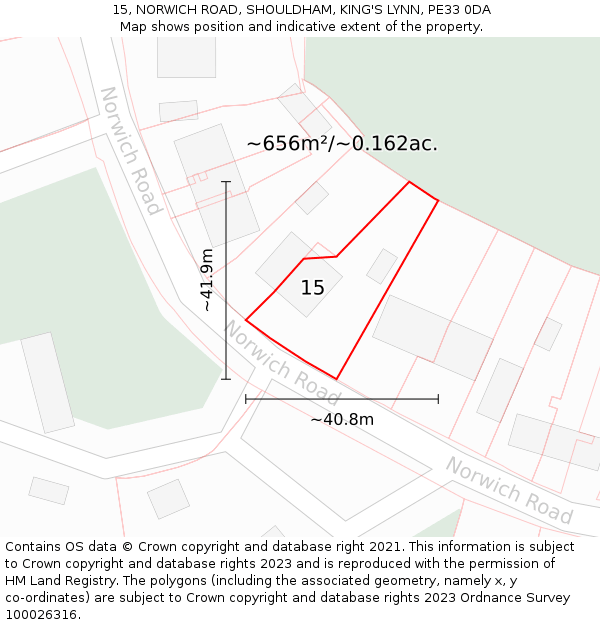 15, NORWICH ROAD, SHOULDHAM, KING'S LYNN, PE33 0DA: Plot and title map