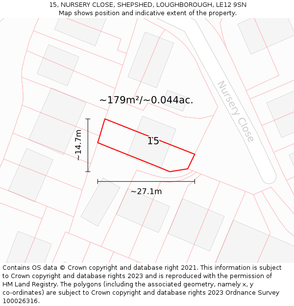 15, NURSERY CLOSE, SHEPSHED, LOUGHBOROUGH, LE12 9SN: Plot and title map