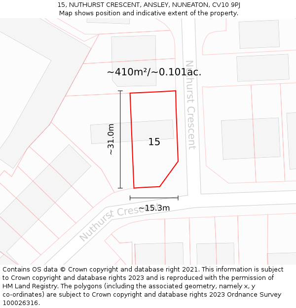 15, NUTHURST CRESCENT, ANSLEY, NUNEATON, CV10 9PJ: Plot and title map