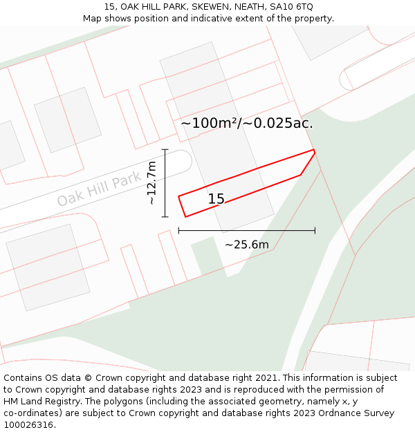 15, OAK HILL PARK, SKEWEN, NEATH, SA10 6TQ: Plot and title map