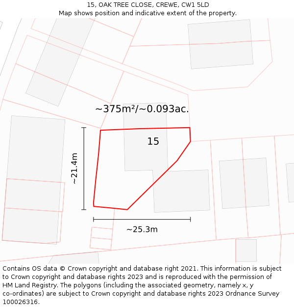 15, OAK TREE CLOSE, CREWE, CW1 5LD: Plot and title map