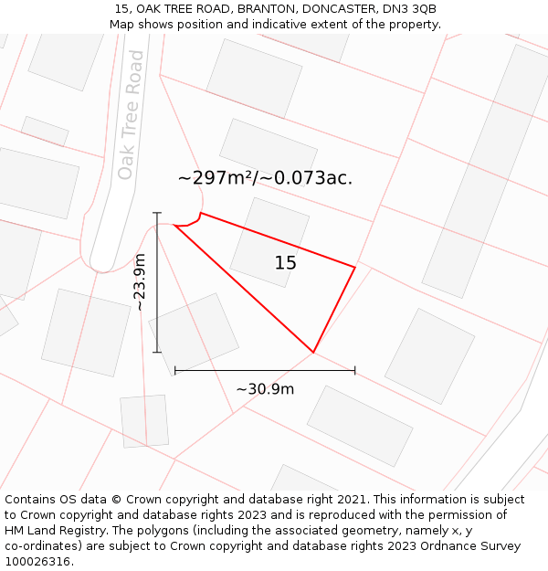 15, OAK TREE ROAD, BRANTON, DONCASTER, DN3 3QB: Plot and title map