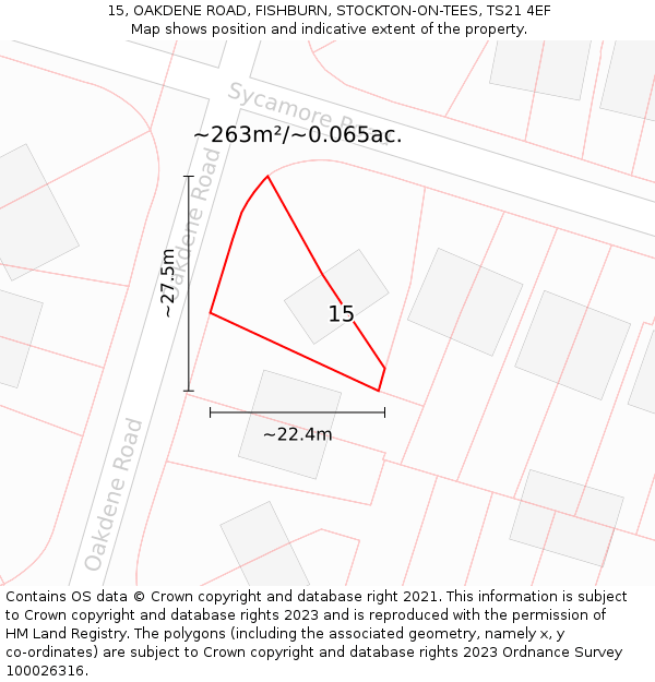 15, OAKDENE ROAD, FISHBURN, STOCKTON-ON-TEES, TS21 4EF: Plot and title map