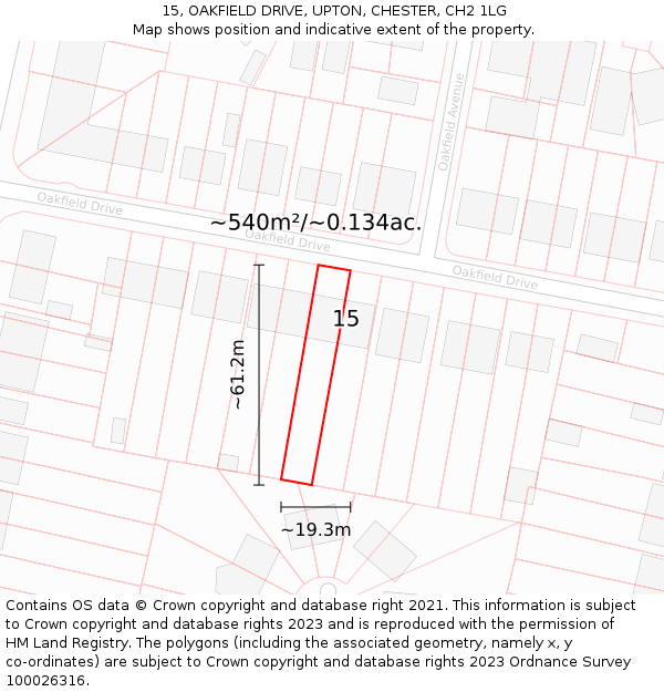 15, OAKFIELD DRIVE, UPTON, CHESTER, CH2 1LG: Plot and title map