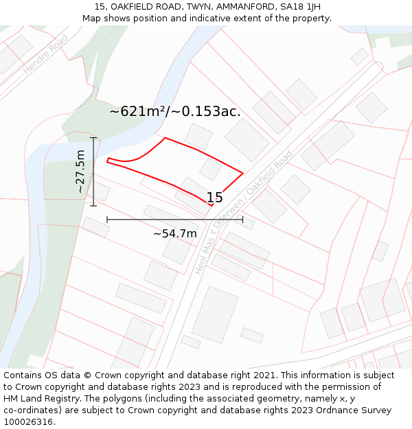 15, OAKFIELD ROAD, TWYN, AMMANFORD, SA18 1JH: Plot and title map