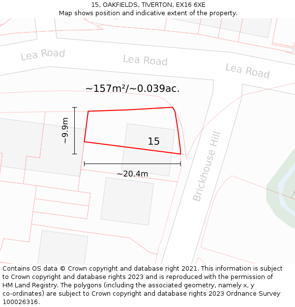 15, OAKFIELDS, TIVERTON, EX16 6XE: Plot and title map