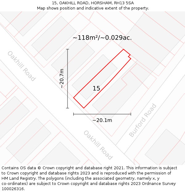 15, OAKHILL ROAD, HORSHAM, RH13 5SA: Plot and title map