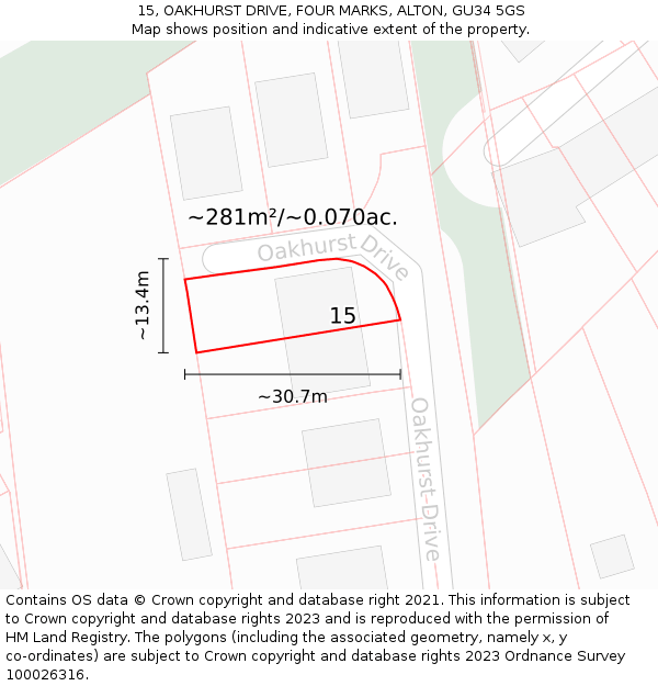 15, OAKHURST DRIVE, FOUR MARKS, ALTON, GU34 5GS: Plot and title map