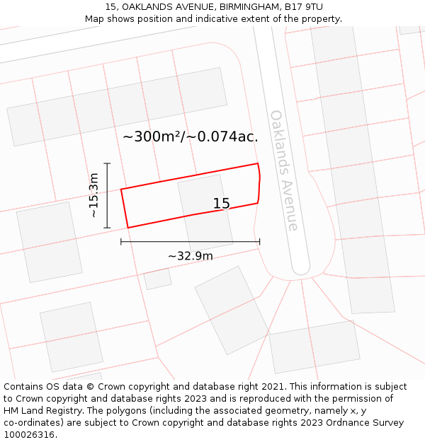 15, OAKLANDS AVENUE, BIRMINGHAM, B17 9TU: Plot and title map