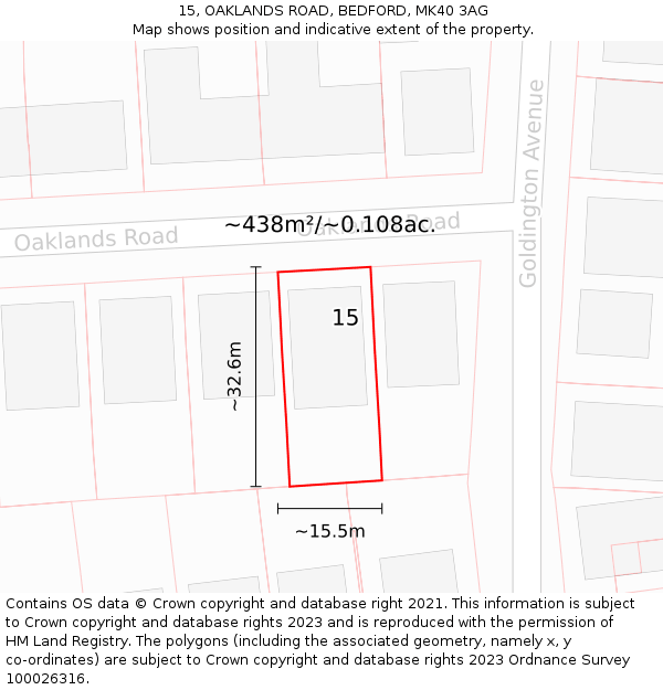 15, OAKLANDS ROAD, BEDFORD, MK40 3AG: Plot and title map