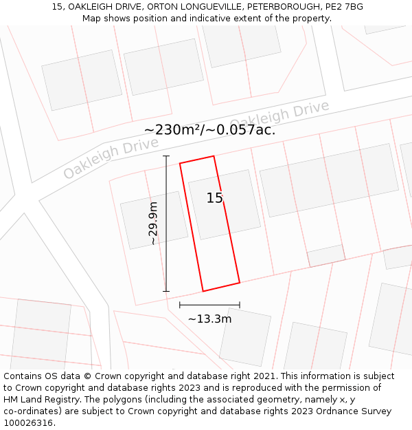 15, OAKLEIGH DRIVE, ORTON LONGUEVILLE, PETERBOROUGH, PE2 7BG: Plot and title map