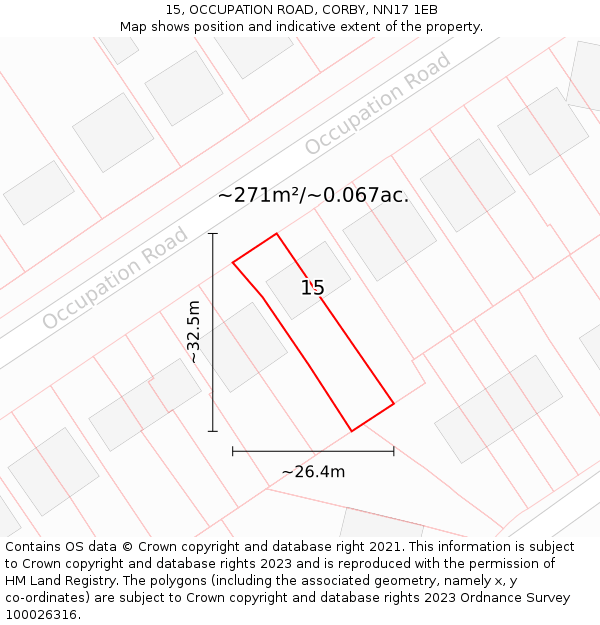 15, OCCUPATION ROAD, CORBY, NN17 1EB: Plot and title map
