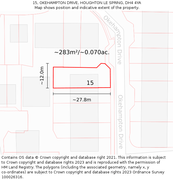 15, OKEHAMPTON DRIVE, HOUGHTON LE SPRING, DH4 4YA: Plot and title map