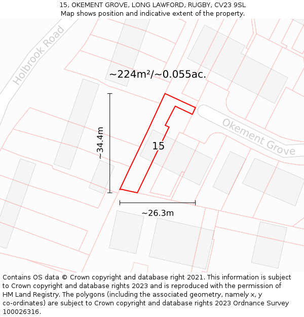 15, OKEMENT GROVE, LONG LAWFORD, RUGBY, CV23 9SL: Plot and title map