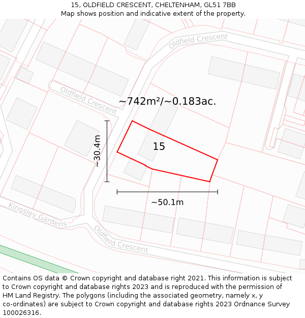 15, OLDFIELD CRESCENT, CHELTENHAM, GL51 7BB: Plot and title map
