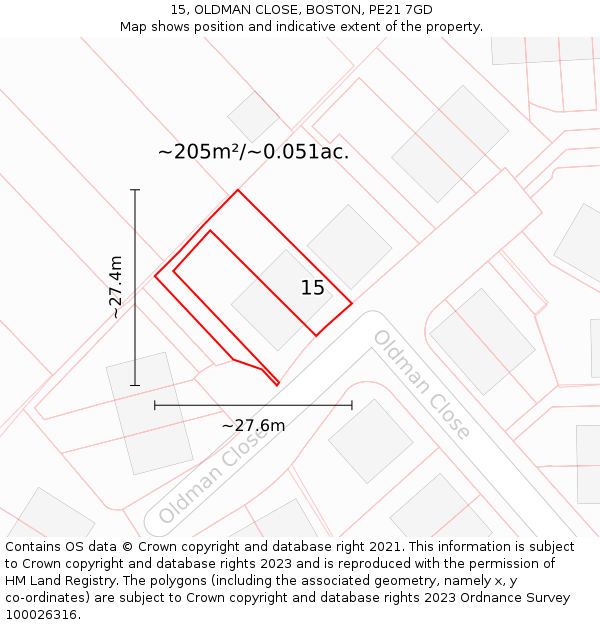 15, OLDMAN CLOSE, BOSTON, PE21 7GD: Plot and title map