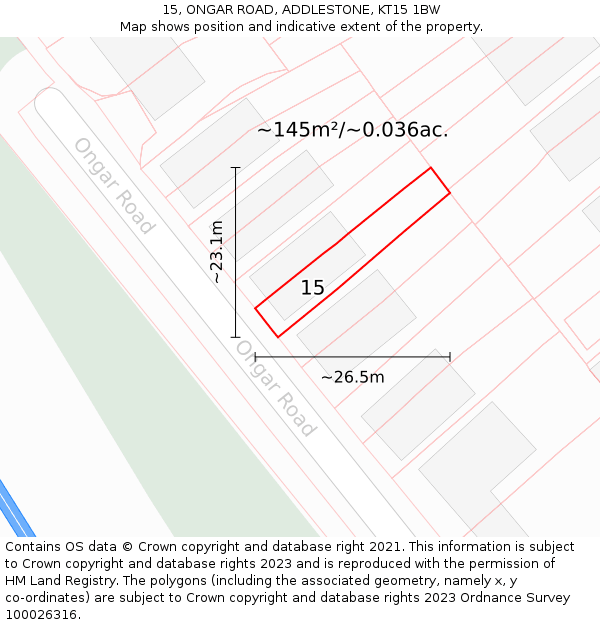 15, ONGAR ROAD, ADDLESTONE, KT15 1BW: Plot and title map
