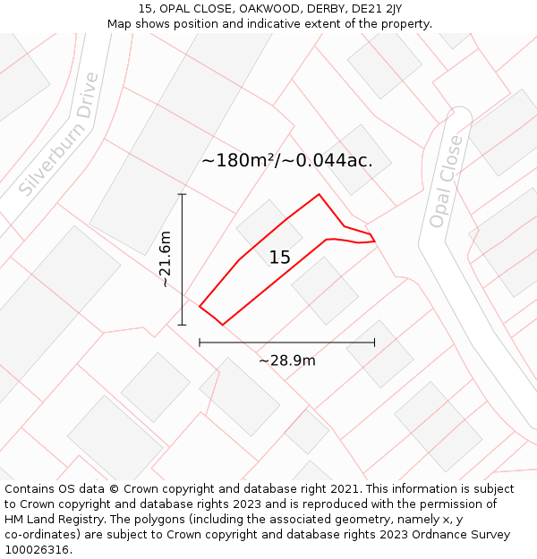 15, OPAL CLOSE, OAKWOOD, DERBY, DE21 2JY: Plot and title map