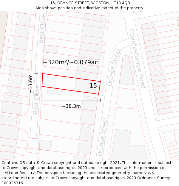 15, ORANGE STREET, WIGSTON, LE18 4QB: Plot and title map