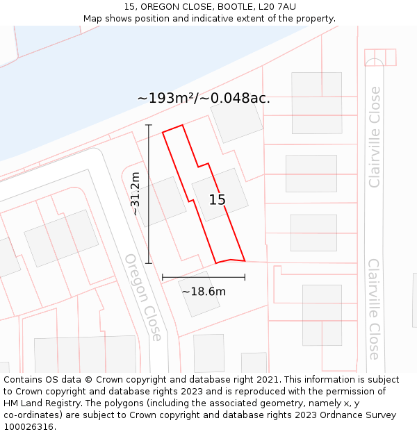 15, OREGON CLOSE, BOOTLE, L20 7AU: Plot and title map